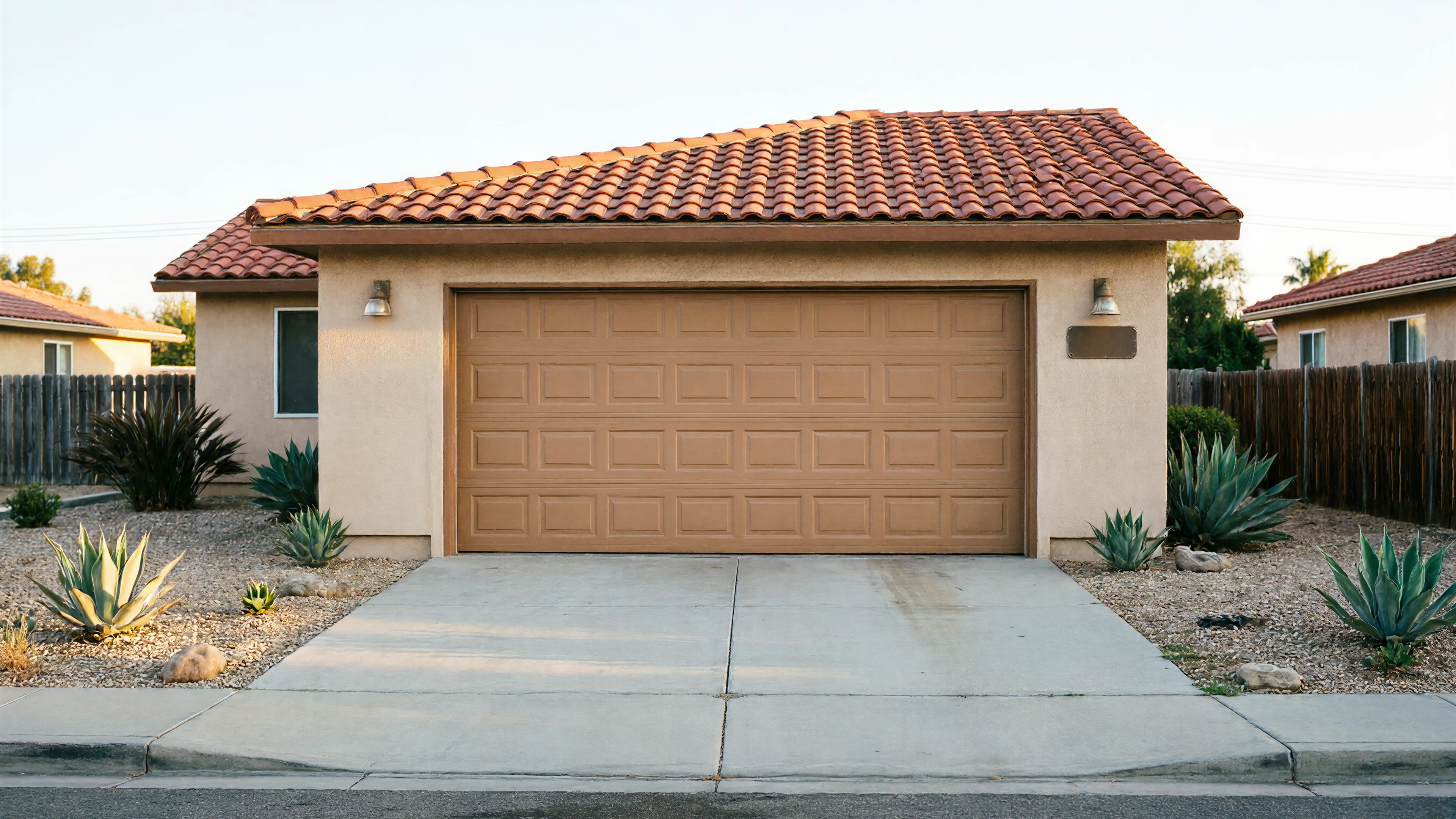 The house has a brown garage door, a tiled roof, and desert landscaping.